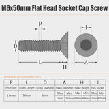 M6-1.0 tornillos de cabeza plana de 50 mm, tornillo de cabeza plana M6 x 50 mm, tornillos avellanados de acero inoxidable, tornillo de rosca completa, tipo de unidad hexagonal Allen, acabado