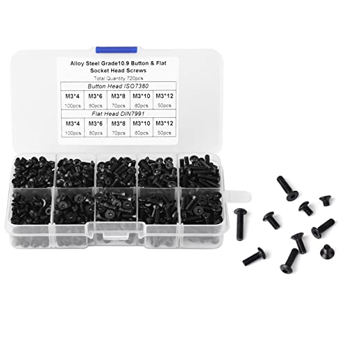 720 Piezas M3 Tornillos Allen De Cabeza Plana De Acero De Aleación Negra Kit Surtido De Tornillos Métricos Tornillos Allen Con Caja De Plástico Para La Industria De Maquinaria