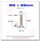 20 tornillos de cabeza plana M6 x 28 mm, unidad de enchufe Allen, acero inoxidable 18-8 (304), rosca completa, acabado brillante