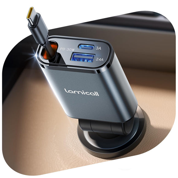 Lamicall 3 in 1 Retráctil Cargador para Auto -【Super Compacto】 57W Cargador para Carro Carga Rápida with Cable Tipo C/USB C/USB A, 12V/24V Socket for iPhone 16/15/14/13, Galaxy S25/S24 Ultra, Android