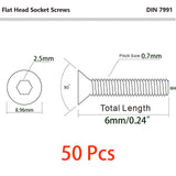 50 tornillos de cabeza plana M4-0,7 x 6 mm, acero inoxidable 18-8 (304), acabado brillante, llave Allen, tornillos de máquina hexagonales interiores