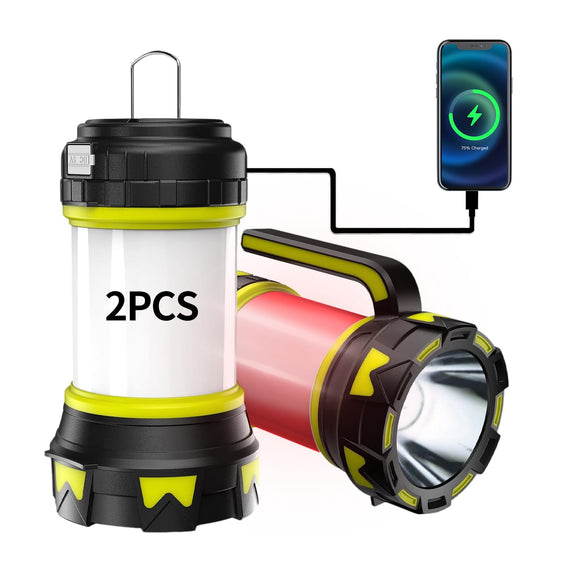 QIKKOP 2 Piezas Linterna de Cámping Recargable 6 Modos LED, Antorcha Lámpara Luces de Trabajo Farol de Cámping Resistente al Agua con Cable USB para Senderismo Pesca Emergencia y Más