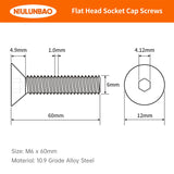 NIULUNBAO, Tornillos Hexagonales de Cabeza Plana, M6-1.0 x 60 mm, 25 Unidades, Negro, Acero Aleado Grado 10.9, Óxido Negro, Allen Hex Socket de 4 mm, Métrico Totalmente Roscado