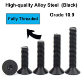HanTof - 50 tornillos de cabeza avellanada plana de 1/4-20 x (1/2" a 1-1/2") con llave hexagonal, acero de aleación de grado 10.9, acabado de óxido negro, unidad de enchufe hexagonal Allen, rosca