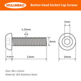 M8-Tornillos de cabeza de botón de 1,25 x 12 mm, acero inoxidable 304, máquina métrica totalmente roscada, unidad hexagonal Allen, acabado brillante, 25 piezas