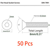 50 tornillos de cabeza plana M3-0,5 x 8 mm, acero inoxidable 18-8 (304), acabado brillante, llave Allen, tornillos de máquina hexagonales interiores