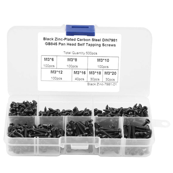 Tornillos de cabeza de botón, 500PCS M3 Tornillos autorroscantes de cabeza de botón cruzado Conjunto de surtido de sujetadores con pernos de cabeza de caja de plástico(Black carbon steel)
