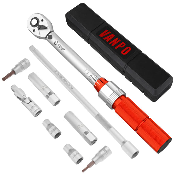 Llave Dinamométrica 3/8'', VANPO 5-60 Nm Llave de Torque, Precisión ±3%, 9 Piezas Juego Llaves Vaso con Extensión, Junta Universal, Magnética Vasos de Bujía, Bits, Vasos para Bicicleta, Moto, Coche