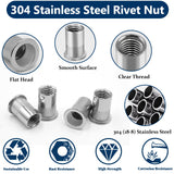 Vifmy - Kit de surtido de tuercas de remache métricas y SAE (300 unidades), M3 M4 M5 M6 M8 M10 M12#8-32#10-24 1/4"-20 5/16"-18 3/8"-16 304 de acero inoxidable UNUNUNC A UNUNC Head Nutsert