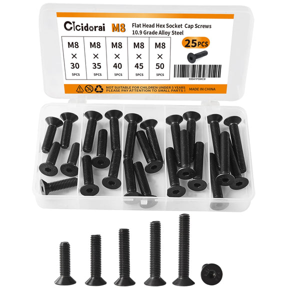 Cicidorai M8 x 30 mm, 35 mm, 40 mm, 45 mm, 50 mm, cabeza plana hexagonal tornillos avellanados, acero de aleación de grado 10.9, acabado de óxido negro, totalmente roscado, unidad hexagonal métrica Allen Kit surtido 25 piezas