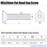 Tornillos de cabeza plana M5 x 20 mm, 50 tornillos de cabeza plana M5-0,8 x 20 mm, tornillo de cabeza plana de acero inoxidable 304, accionamiento de enchufe Allen, rosca completa, acabado brillante, cantidad 50
