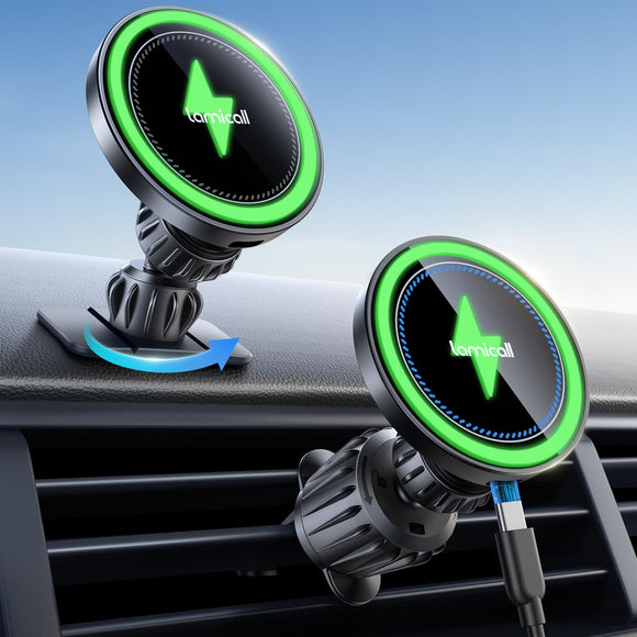 Lamicall mag Safe Cargador Inalámbrico Automovil 15W - [Mejorado Chip Inteligente] [Dash & Vent] 360° Soporte mag Safe para Auto, mag Safe Charger, para iPhone 16 15 14 13 12 mag Safe Case