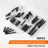 M4 x 20 mm, 25 mm, 30 mm, 35 mm, 40 mm, tornillos de cabeza plana avellanados, acero de aleación de grado 10.9, acabado de óxido negro, unidad hexagonal Allen, métrico totalmente roscado, kit surtido 50 unidades