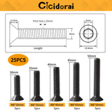 Cicidorai M8 x 30 mm, 35 mm, 40 mm, 45 mm, 50 mm, cabeza plana hexagonal tornillos avellanados, acero de aleación de grado 10.9, acabado de óxido negro, totalmente roscado, unidad hexagonal métrica Allen Kit surtido 25 piezas