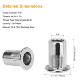Powlankou 150 Pieces 1/4"-20 Stainless Steel Rivet Nuts Flat Head Threaded Insert Nutsert