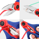 WORKPRO - Tijeras de acero inoxidable, tijeras de electricista profesional de 6.4 pulgadas con pelacables para cable suave (no aptas para uso en buceo)