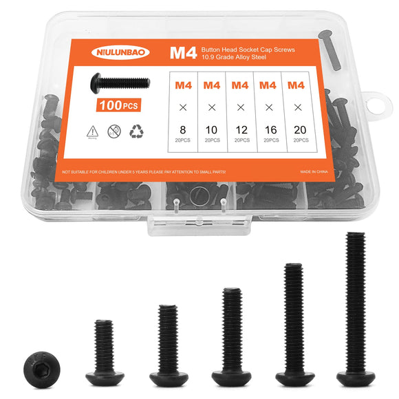 NIULUNBAO - Tornillos de cabeza de botón M4 x 8 mm, 10 mm, 12 mm, 16 mm, 20 mm, tornillos de cabeza de botón, acero de aleación de grado 10.9 métrico, acabado de óxido negro, unidad hexagonal Allen, totalmente roscada, kit surtido de 100 unidades