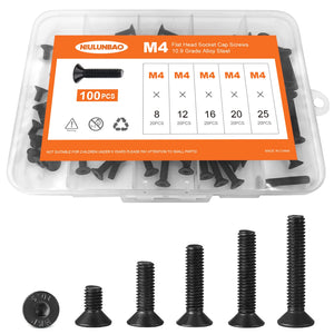 Tornillos de cabeza plana M4 x 8 mm, 12 mm, 16 mm, 20 mm, 25 mm, tornillos avellanados, acero de aleación de grado 10.9, acabado de óxido negro, unidad hexagonal Allen, métrico totalmente roscado, kit