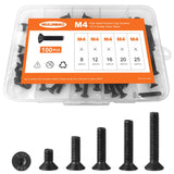 Tornillos de cabeza plana M4 x 8 mm, 12 mm, 16 mm, 20 mm, 25 mm, tornillos avellanados, acero de aleación de grado 10.9, acabado de óxido negro, unidad hexagonal Allen, métrico totalmente roscado, kit