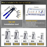 Kit de herramientas de tuerca de remache de presión, 430 piezas de combinación de tuercas de remache métricas (M8/M6/M5/M4/M3), adecuado para muebles, decoración, aplicaciones automotrices, marinas e