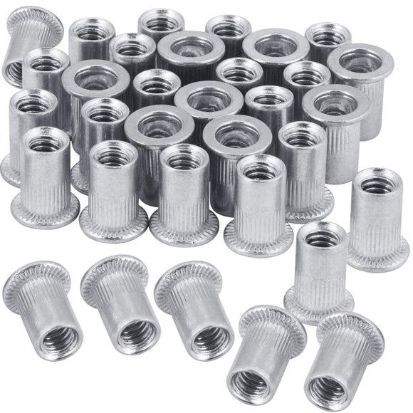 100 tuercas de remache de brida de aluminio de 1/4-20, UNC tuerca de inserción roscada de cabeza plana