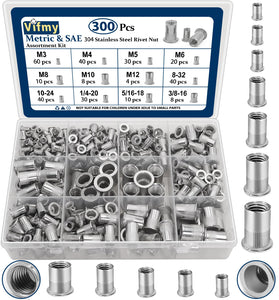 Vifmy - Kit de surtido de tuercas de remache métricas y SAE (300 unidades), M3 M4 M5 M6 M8 M10 M12#8-32#10-24 1/4"-20 5/16"-18 3/8"-16 304 de acero inoxidable UNUNUNC A UNUNC Head Nutsert