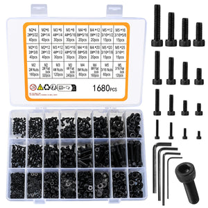 Juego de 1680 tornillos y tuercas hexagonales métricos M2 M3 M4 M5, tornillos y arandelas de cabeza hexagonal, tornillos y tuercas y arandelas, juego de tornillos de máquina negros