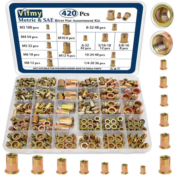 Vifmy - Kit de surtido de tuercas de remache métricas y SAE (420 unidades), m3 m4 m5 m6 m8 m10 m12#6-32#8-32#10-24 1/4