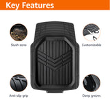 Amazon Basics - Alfombrillas de PVC resistentes de 4 piezas con forro de carga y parte trasera, ribete impermeable para adaptarse a alfombrillas de coche, color negro