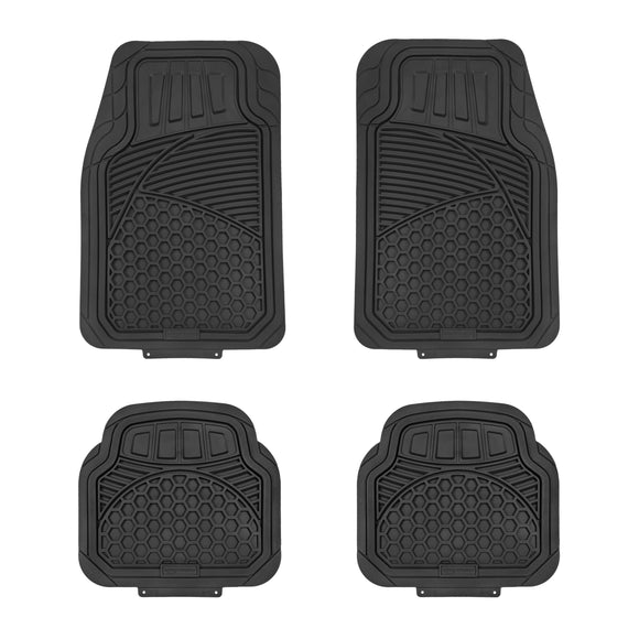 Amazon Basics Alfombrillas de PVC de goma sintética, resistentes, universales, de lujo, molduras para todos los climas, se adapta al 95 % de coches, SUV, sedanes y camiones, 4 piezas, negro liso