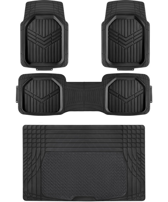 Amazon Basics - Alfombrillas de PVC resistentes de 4 piezas con forro de carga y parte trasera, ribete impermeable para adaptarse a alfombrillas de coche, color negro
