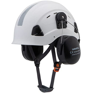 Casco duro con orejeras NRR 24 de protección auditiva para construcción, fabricación, mantenimiento, carpintería, ANSI Z89.1 Clase C Hardhat (T90 blanco + orejera)
