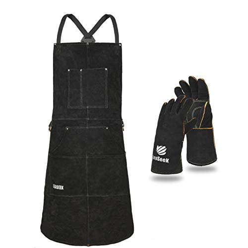 Delantal de soldadura de cuero, resistente al calor y al fuego, con 6 bolsillos, delantal de trabajo para carpintería, Negro: 24.0 x 35.8 in con guantes, M to XXXL