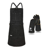Delantal de soldadura de cuero, resistente al calor y al fuego, con 6 bolsillos, delantal de trabajo para carpintería, Negro: 24.0 x 35.8 in con guantes, M to XXXL