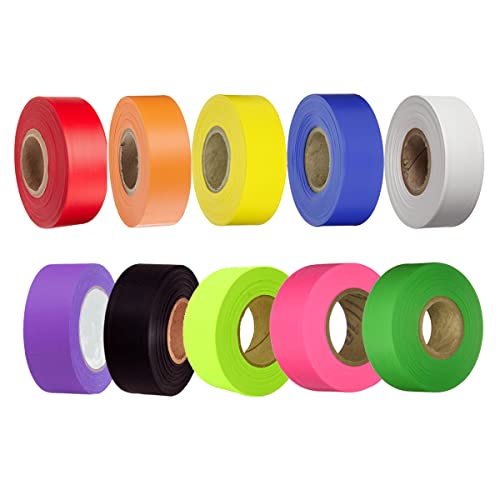 10 Pack Flagging Tape Assorted Colors Non-Adhesive - Multipurpose Surveyors Caution Tape Roll - Neon Marking Tape for Boundaries Home Workplace - 1.2