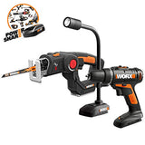WORX WX912L - Taladro inalámbrico de 20 V WX101L, 20 V, inalámbrico, sierra multiusos AXIS WX550L y 20 V, luz LED flexible WX028L Combo Kit batería y cargador incluidos