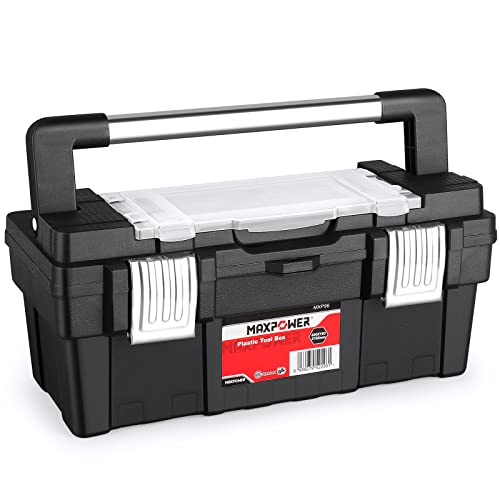 MAXPOWER Caja de herramientas de 16 pulgadas con bandeja extraíble, caja de herramientas portátil con mango de acero inoxidable y cierre de metal doble, nominal de hasta 33 libras