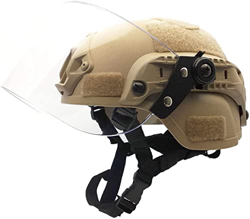 Zgsalvation Casco De Protección Rápida con Parasol Transparente Gafas Deslizantes Y Soporte NVG Y Rieles Laterales (Color : Tan, Size : 55-60cm)