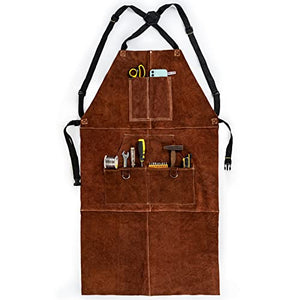 Delantal de cuero para soldar, con bolsillos para herramientas, resistente al calor, resistente al fuego, delantales de herrero, ajustables para soldadores, hombres y mujeres, longitud de 41 pulgadas, Marrón, 23.6"W x41.3"L