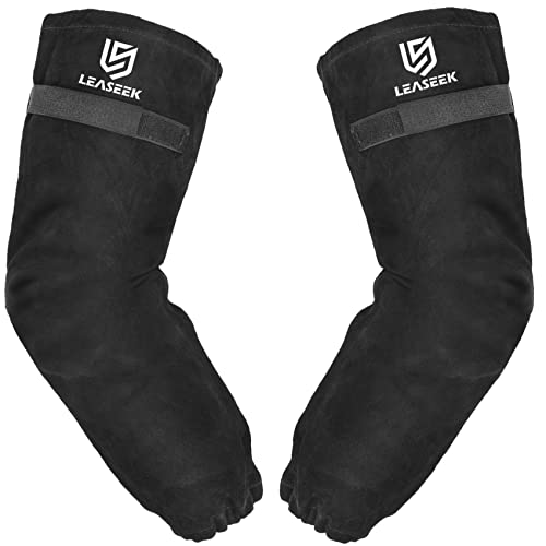 Mangas de soldadura de cuero, resistente al calor y al fuego, mangas de jardinería, bandas ajustables para la parte superior del brazo y costuras de Kevlar, mangas de trabajo de cuero de vaca y forro antiadherente, 1 par