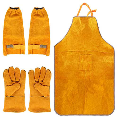 Delantal de cuero  Juego de 3 protectores de trabajo de soldadura, incluye delantal de trabajo de soldadura de cuero, mangas de trabajo de soldadura y guantes de soldadura para soldadores, chimenea, barbacoa, jardinería, Amarillo, as picture shown