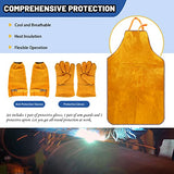 Delantal de cuero  Juego de 3 protectores de trabajo de soldadura, incluye delantal de trabajo de soldadura de cuero, mangas de trabajo de soldadura y guantes de soldadura para soldadores, chimenea, barbacoa, jardinería, Amarillo, as picture shown