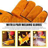 Delantal de cuero 5 fundas de trabajo de soldadura de cuero extra largas de 16 pulgadas, guantes de soldadura y delantal ignífugo y resistente al calor, juego de cuero protector para hombres y mujeres, Marrón, X-Large