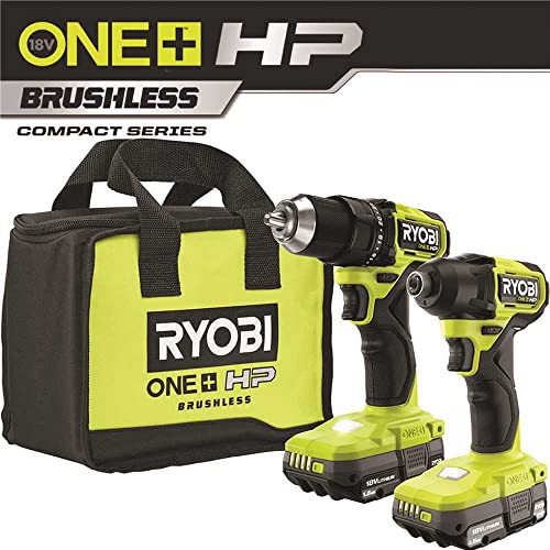 Juego de herramientas Ryobi ONE+ HP 18V sin escobillas compacto inalámbrico de 1,27 cm Kit de taladro e impacto con (2) baterías de 1,5 Ah, cargador y bolsa