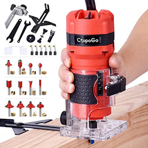 CtopoGo Herramienta compacta de madera para fresar palmeras de mano recortadora de bordes de carpintería, herramienta de corte de palmming 30000R/min 800W 110V con 12 brocas de enrutador de 1/4"