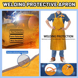 Delantal de cuero  Juego de 3 protectores de trabajo de soldadura, incluye delantal de trabajo de soldadura de cuero, mangas de trabajo de soldadura y guantes de soldadura para soldadores, chimenea, barbacoa, jardinería, Amarillo, as picture shown