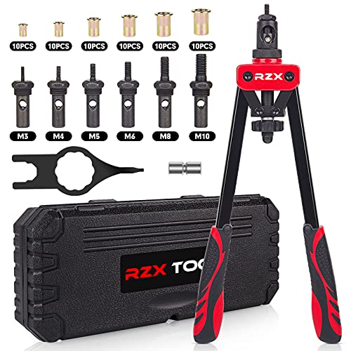 RZX Herramienta de tuerca de remache de 14 pulgadas, remachadora de mano, tuerca de remache ciego, kit de remache de inserción con M3 M4 M5 M6 M8 M10 métrico 6 mandriles y 60 tuercas, diseño que ahorra trabajo, con funda de transporte resistente