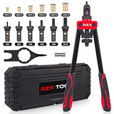 RZX Herramienta de tuerca de remache de 14 pulgadas, remachadora de mano, tuerca de remache ciego, kit de remache de inserción con M3 M4 M5 M6 M8 M10 métrico 6 mandriles y 60 tuercas, diseño que ahorra trabajo, con funda de transporte resistente