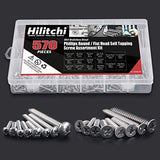 Hilitchi - Juego de tornillos autoperforantes de cabeza plana redonda (570 piezas, M, 3, 4, 5 y 6), de acero inoxidable