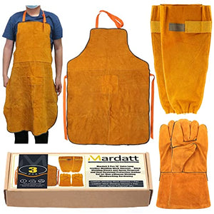 Delantal de cuero 5 fundas de trabajo de soldadura de cuero extra largas de 16 pulgadas, guantes de soldadura y delantal ignífugo y resistente al calor, juego de cuero protector para hombres y mujeres, Marrón, X-Large